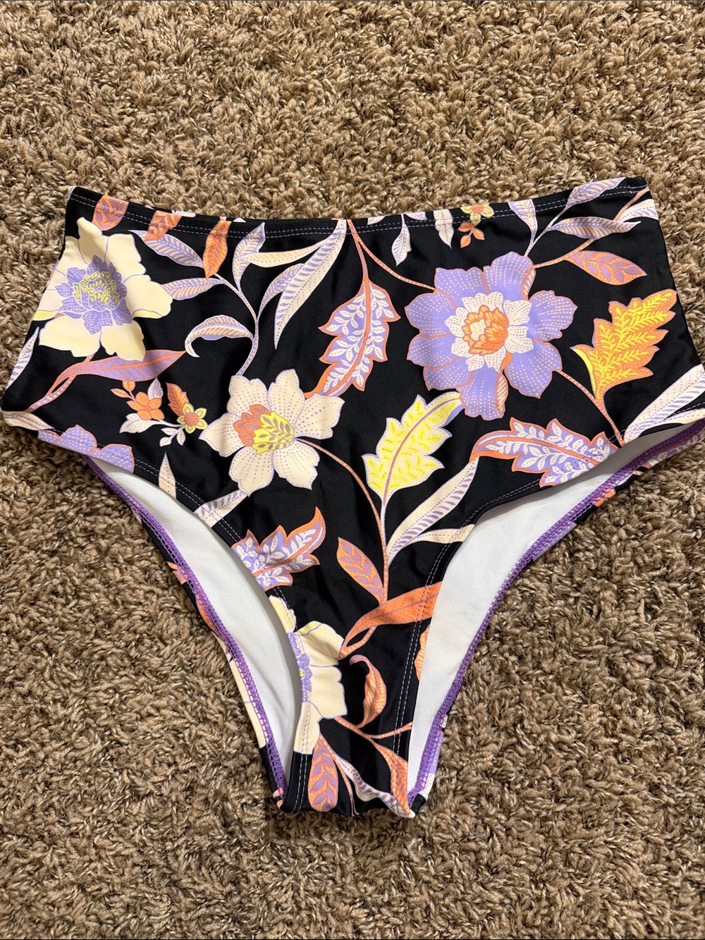 Source Unknown Black High-Waist Floral Bikini Bottoms with Purple and Orange